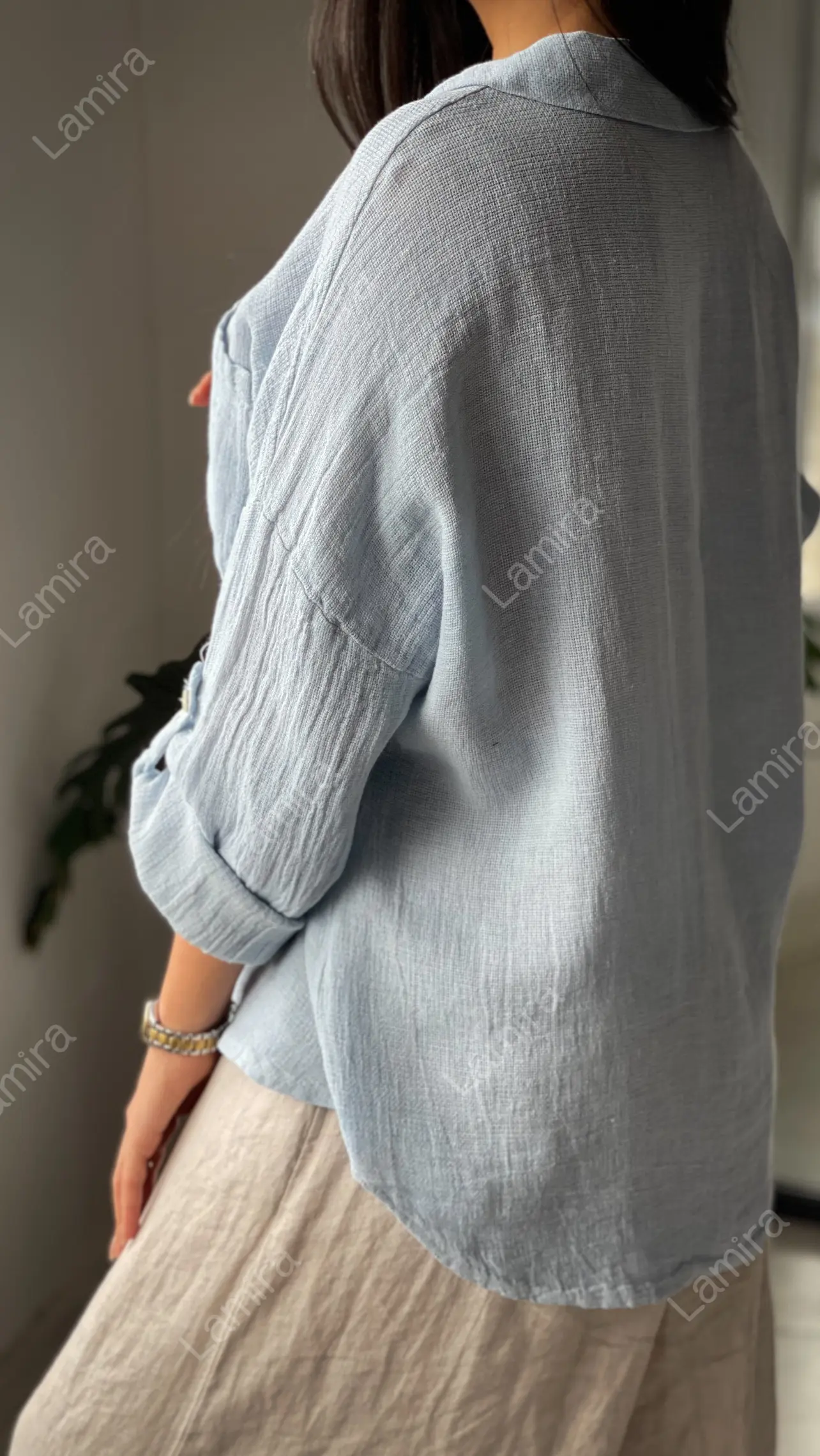 شومیز لینن ایتالیایی الیاف نارگیل ساده دکمه دار